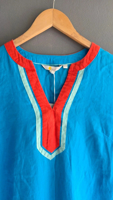 Boden Blue Red Linen Tunic Dress RRP £150 10 M V-Neck 3/4 Sleeve Contrast Trim
