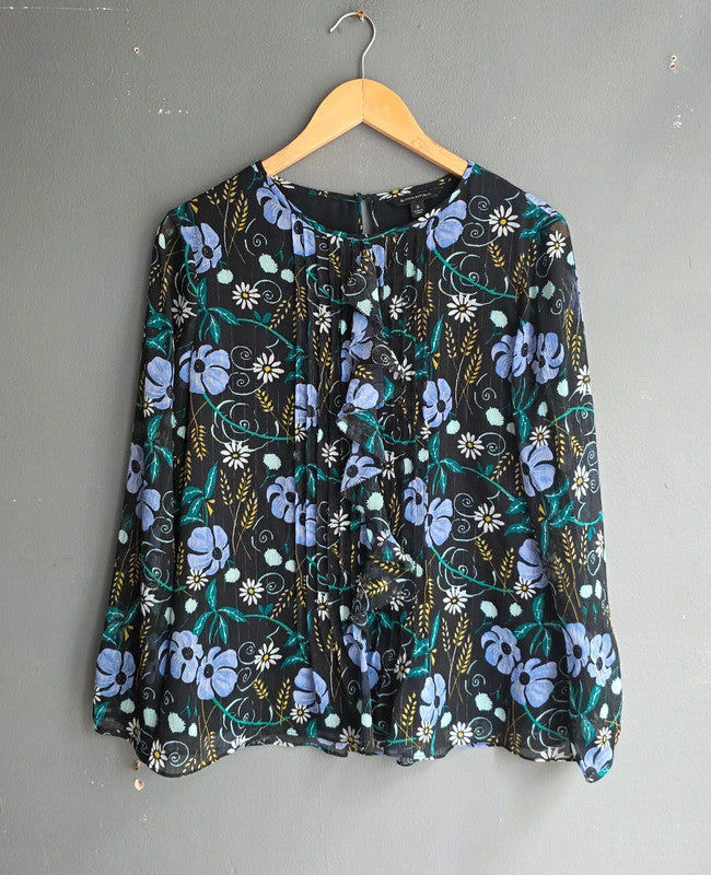 Banana Republic Green Purple Black Floral Pleated Blouse 8 S Ruffle Lightweight