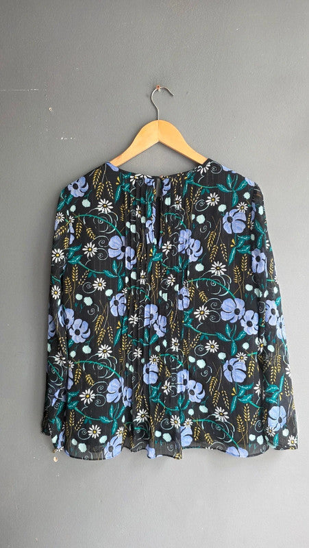 Banana Republic Green Purple Black Floral Pleated Blouse 8 S Ruffle Lightweight