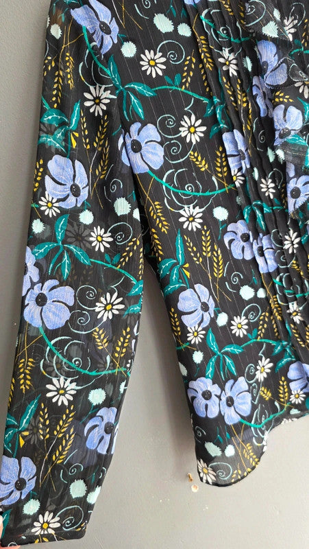 Banana Republic Green Purple Black Floral Pleated Blouse 8 S Ruffle Lightweight