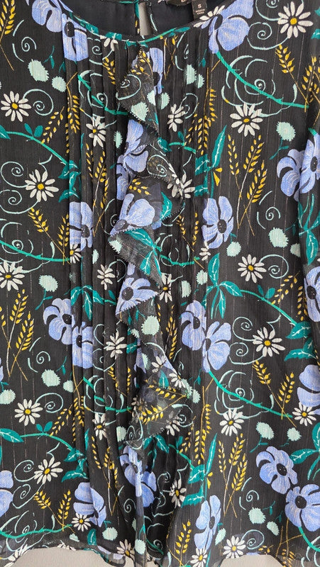 Banana Republic Green Purple Black Floral Pleated Blouse 8 S Ruffle Lightweight