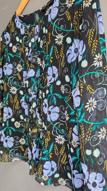 Banana Republic Green Purple Black Floral Pleated Blouse 8 S Ruffle Lightweight