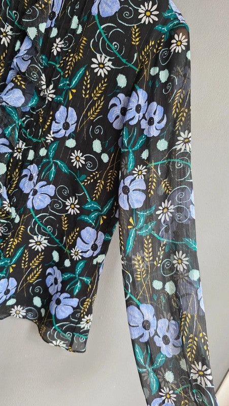 Banana Republic Green Purple Black Floral Pleated Blouse 8 S Ruffle Lightweight