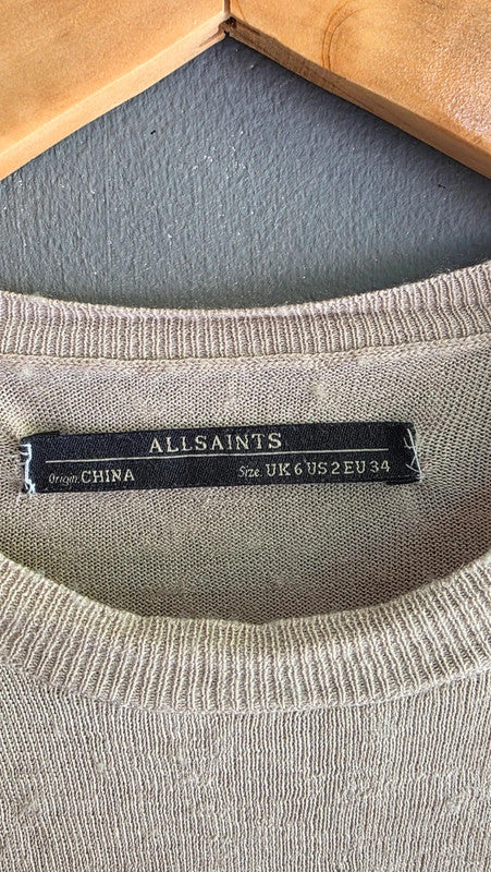 AllSaints Beige Silk Wool Cashmere Knit Jumper Top UK 6 XS Layered Lightweight