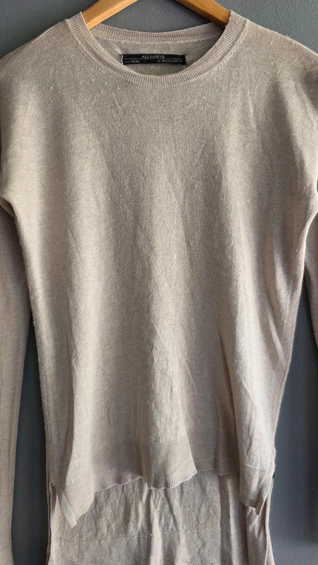 AllSaints Beige Silk Wool Cashmere Knit Jumper Top UK 6 XS Layered Lightweight
