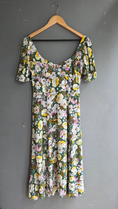ASOS Design Green Yellow Lilac Floral A-Line Midi Dress UK 10 M Summer Light