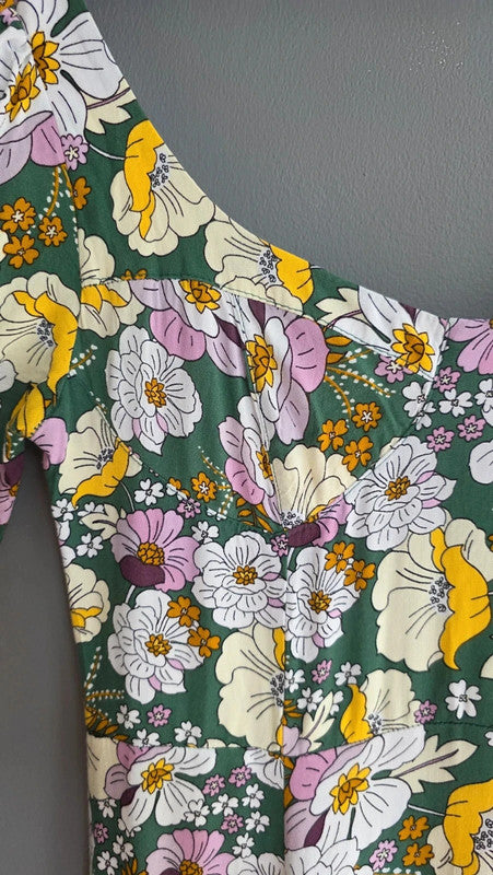 ASOS Design Green Yellow Lilac Floral A-Line Midi Dress UK 10 M Summer Light