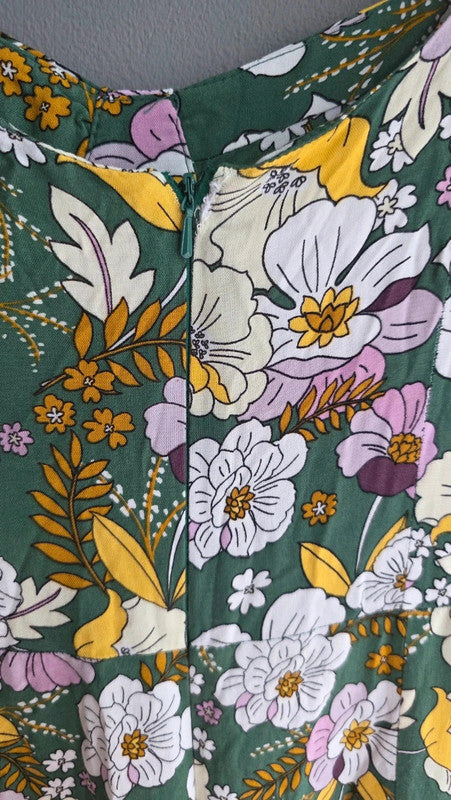 ASOS Design Green Yellow Lilac Floral A-Line Midi Dress UK 10 M Summer Light