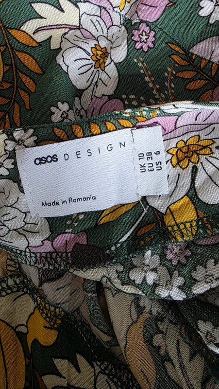 ASOS Design Green Yellow Lilac Floral A-Line Midi Dress UK 10 M Summer Light