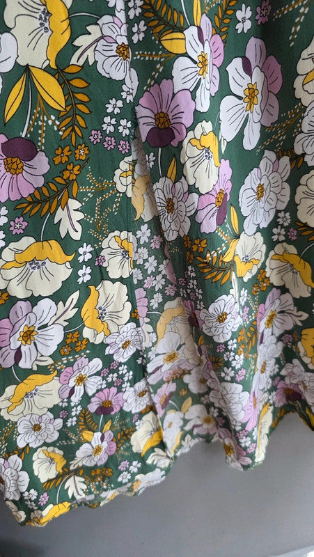 ASOS Design Green Yellow Lilac Floral A-Line Midi Dress UK 10 M Summer Light