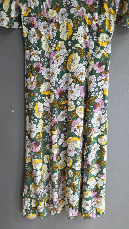 ASOS Design Green Yellow Lilac Floral A-Line Midi Dress UK 10 M Summer Light