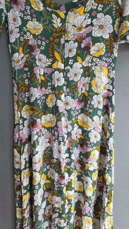 ASOS Design Green Yellow Lilac Floral A-Line Midi Dress UK 10 M Summer Light