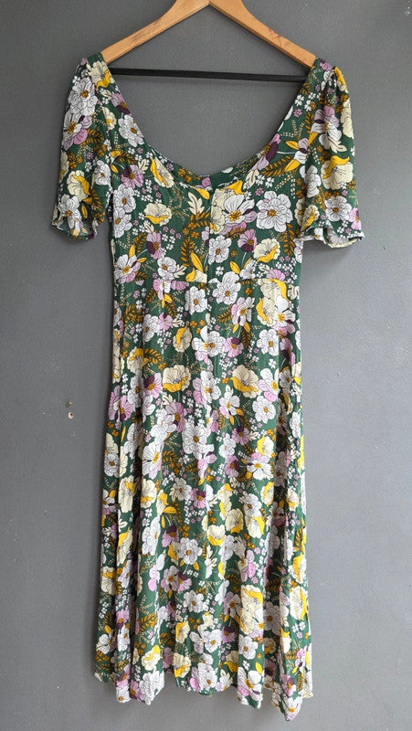 ASOS Design Green Yellow Lilac Floral A-Line Midi Dress UK 10 M Summer Light