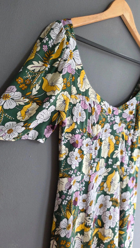ASOS Design Green Yellow Lilac Floral A-Line Midi Dress UK 10 M Summer Light