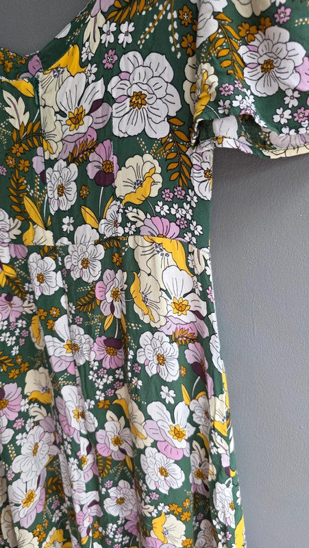 ASOS Design Green Yellow Lilac Floral A-Line Midi Dress UK 10 M Summer Light