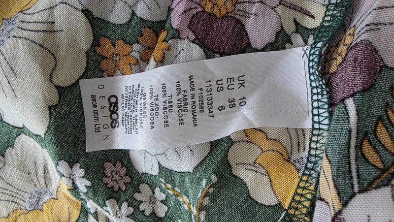 ASOS Design Green Yellow Lilac Floral A-Line Midi Dress UK 10 M Summer Light
