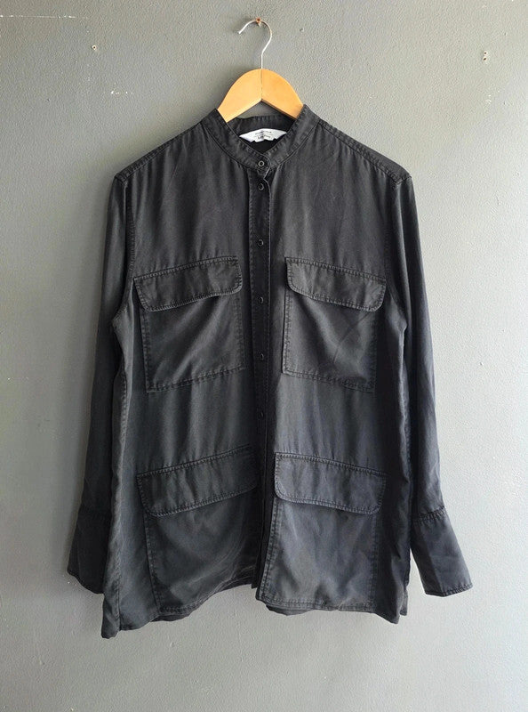 & Other Stories Black Utility Lyocell Shirt UK 8 XS Mandarin Collar Long Sleeve