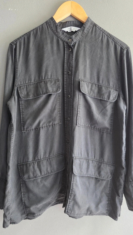 & Other Stories Black Utility Lyocell Shirt UK 8 XS Mandarin Collar Long Sleeve
