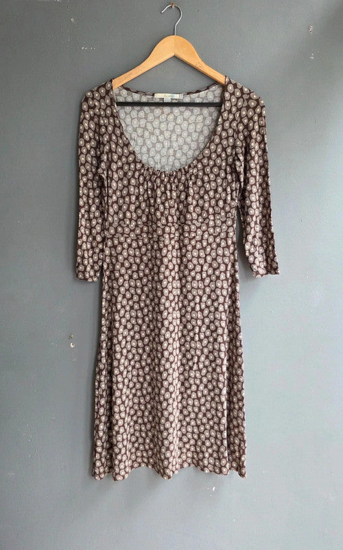 Boden Brown Geometric Print A-Line Midi Dress UK 12 M Scoop Neck 3/4 Sleeve