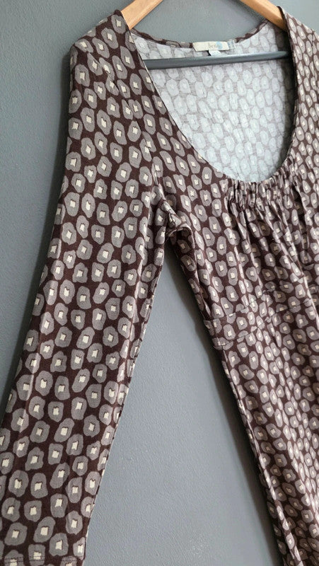 Boden Brown Geometric Print A-Line Midi Dress UK 12 M Scoop Neck 3/4 Sleeve