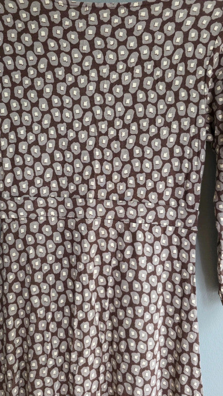 Boden Brown Geometric Print A-Line Midi Dress UK 12 M Scoop Neck 3/4 Sleeve