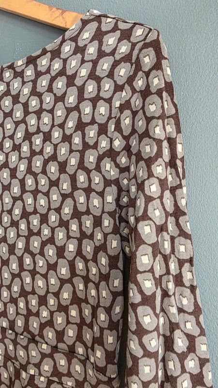 Boden Brown Geometric Print A-Line Midi Dress UK 12 M Scoop Neck 3/4 Sleeve