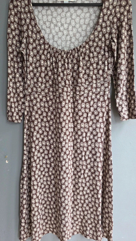 Boden Brown Geometric Print A-Line Midi Dress UK 12 M Scoop Neck 3/4 Sleeve