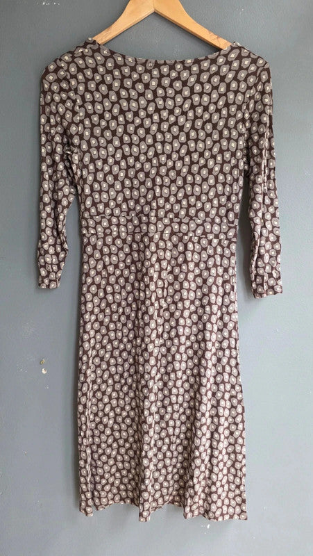 Boden Brown Geometric Print A-Line Midi Dress UK 12 M Scoop Neck 3/4 Sleeve