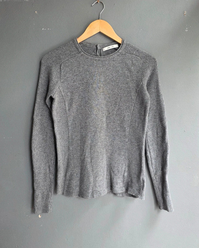 AMS Pure Grey Wool Cashmere Rib Knit Jumper UK 10 M Lightweight Soft Crew Neck