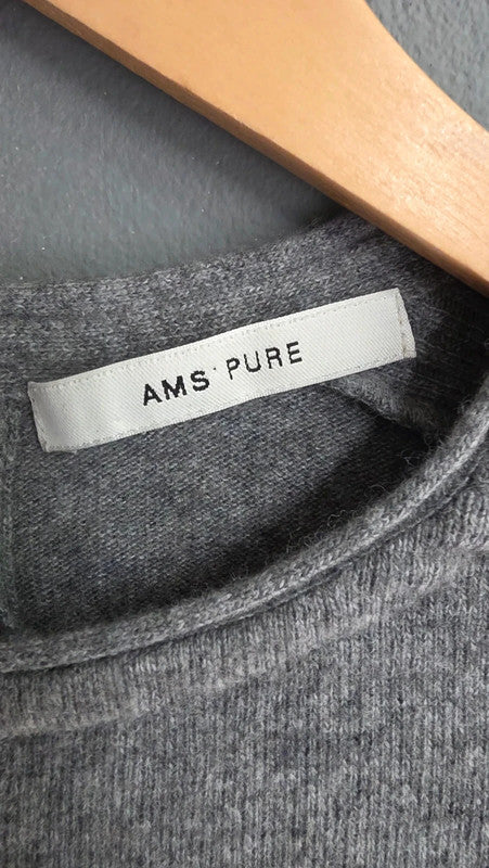 AMS Pure Grey Wool Cashmere Rib Knit Jumper UK 10 M Lightweight Soft Crew Neck