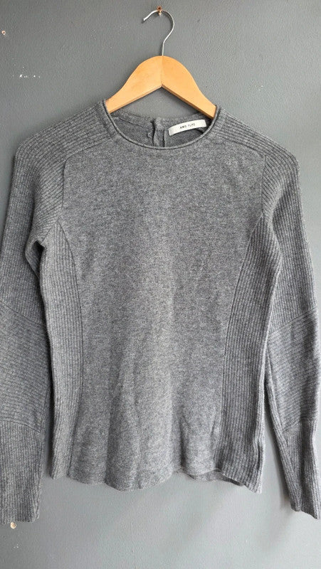 AMS Pure Grey Wool Cashmere Rib Knit Jumper UK 10 M Lightweight Soft Crew Neck