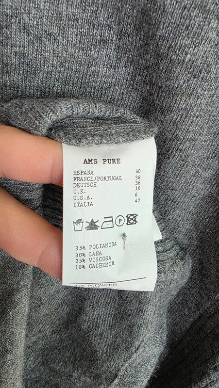 AMS Pure Grey Wool Cashmere Rib Knit Jumper UK 10 M Lightweight Soft Crew Neck