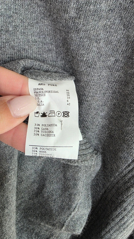 AMS Pure Grey Wool Cashmere Rib Knit Jumper UK 10 M Lightweight Soft Crew Neck