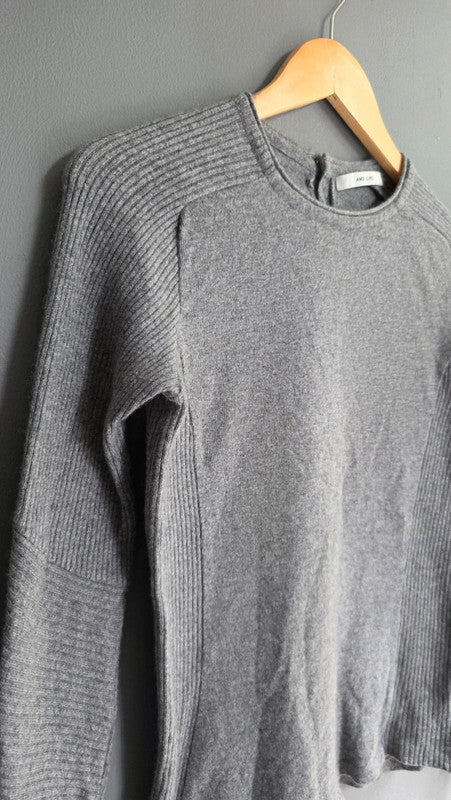 AMS Pure Grey Wool Cashmere Rib Knit Jumper UK 10 M Lightweight Soft Crew Neck