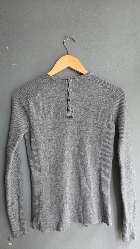 AMS Pure Grey Wool Cashmere Rib Knit Jumper UK 10 M Lightweight Soft Crew Neck
