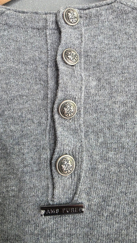 AMS Pure Grey Wool Cashmere Rib Knit Jumper UK 10 M Lightweight Soft Crew Neck