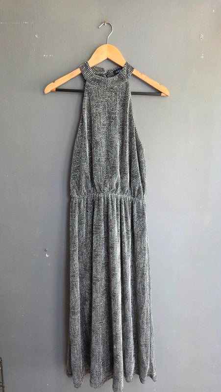 Blue Vanilla Black Silver Metallic Halterneck Fit And Flare Dress UK 12 L Party