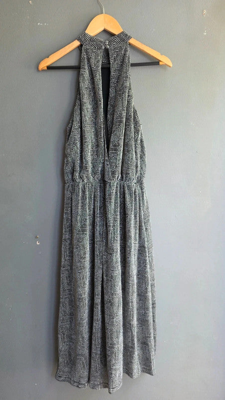 Blue Vanilla Black Silver Metallic Halterneck Fit And Flare Dress UK 12 L Party
