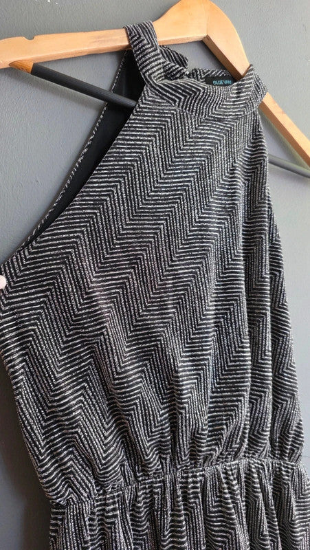 Blue Vanilla Black Silver Metallic Halterneck Fit And Flare Dress UK 12 L Party