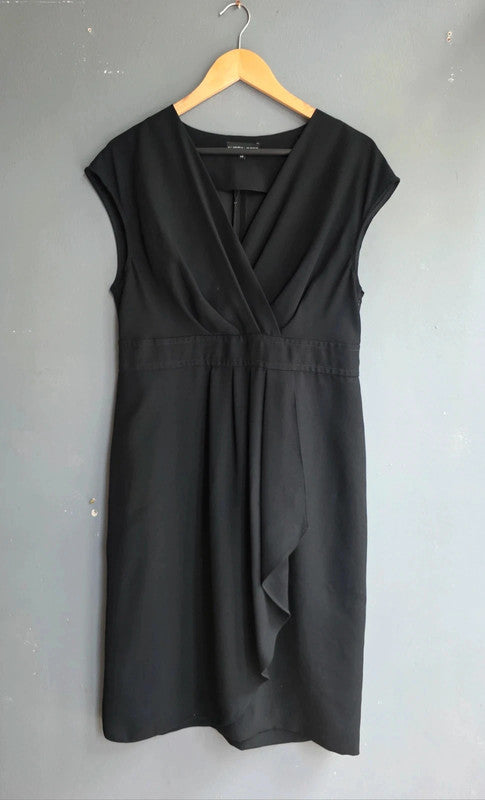Austin Reed Black Draped Wrap Front Cap Sleeve Dress UK 14 L Classic Office Work