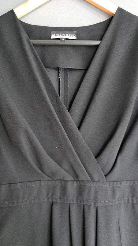 Austin Reed Black Draped Wrap Front Cap Sleeve Dress UK 14 L Classic Office Work