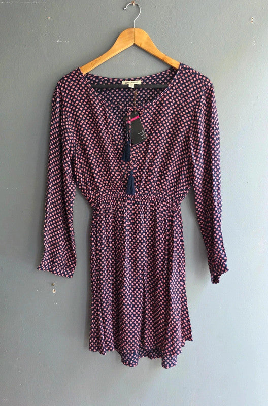 Billabong Navy Pink Tile Print Crepe Tunic Dress UK 8 S Boho Tassel Detail Bnwt