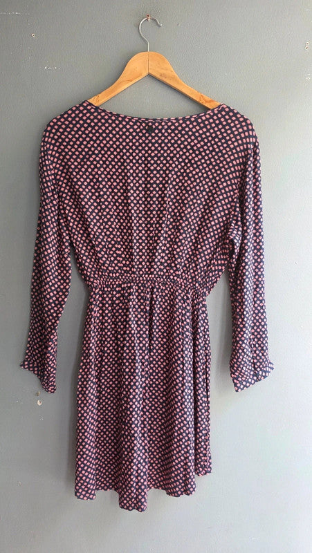 Billabong Navy Pink Tile Print Crepe Tunic Dress UK 8 S Boho Tassel Detail Bnwt