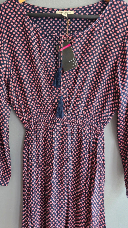 Billabong Navy Pink Tile Print Crepe Tunic Dress UK 8 S Boho Tassel Detail Bnwt