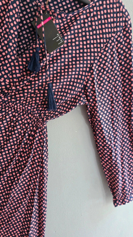 Billabong Navy Pink Tile Print Crepe Tunic Dress UK 8 S Boho Tassel Detail Bnwt