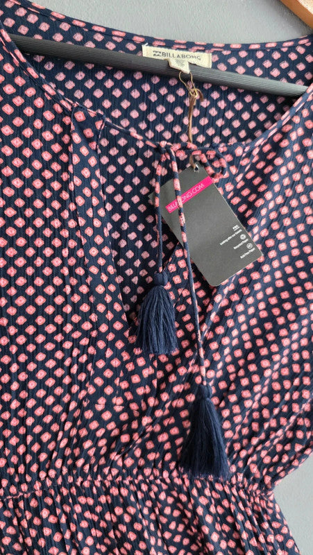 Billabong Navy Pink Tile Print Crepe Tunic Dress UK 8 S Boho Tassel Detail Bnwt