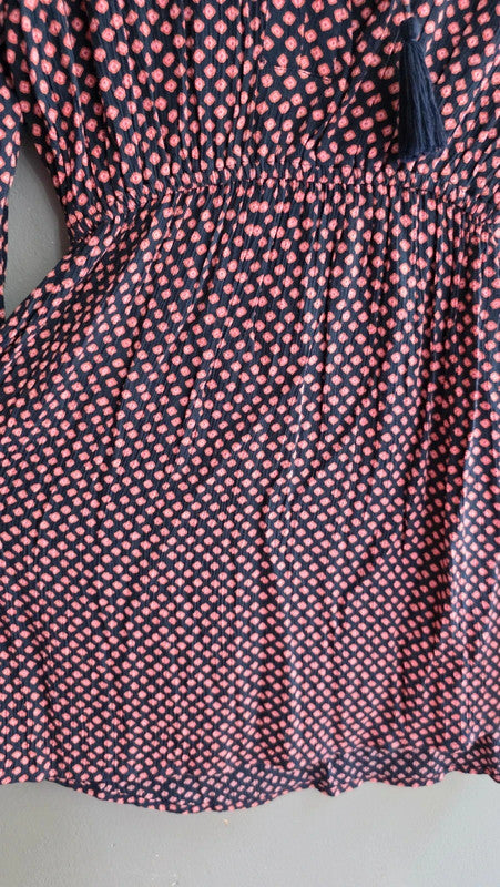 Billabong Navy Pink Tile Print Crepe Tunic Dress UK 8 S Boho Tassel Detail Bnwt