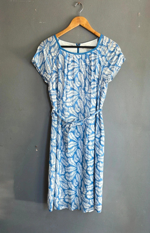 Boden Blue White Leaf Print Viscose Belted Dress UK 12 M/L Short Sleeve Summer