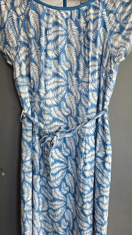 Boden Blue White Leaf Print Viscose Belted Dress UK 12 M/L Short Sleeve Summer