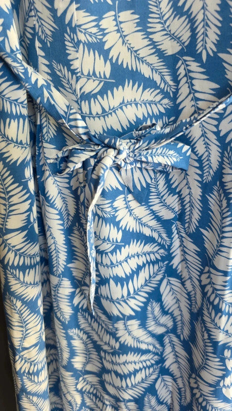 Boden Blue White Leaf Print Viscose Belted Dress UK 12 M/L Short Sleeve Summer